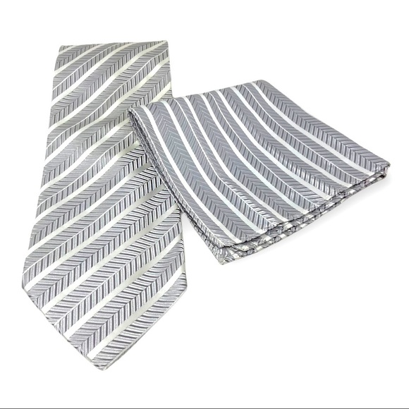 VESUVIO NAPOLI Silver White Neck Tie Pocket Square - Picture 1 of 7